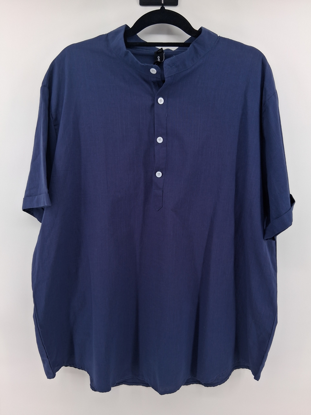 H&M Navy Blue Short-Sleeve Mandarin Collar Button-Down Shirt
